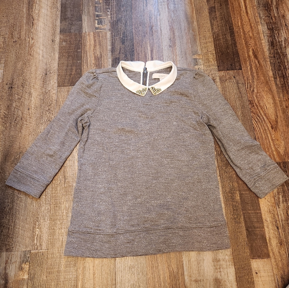 LOFT Gray Sweater Top with White Peter Pan Collar